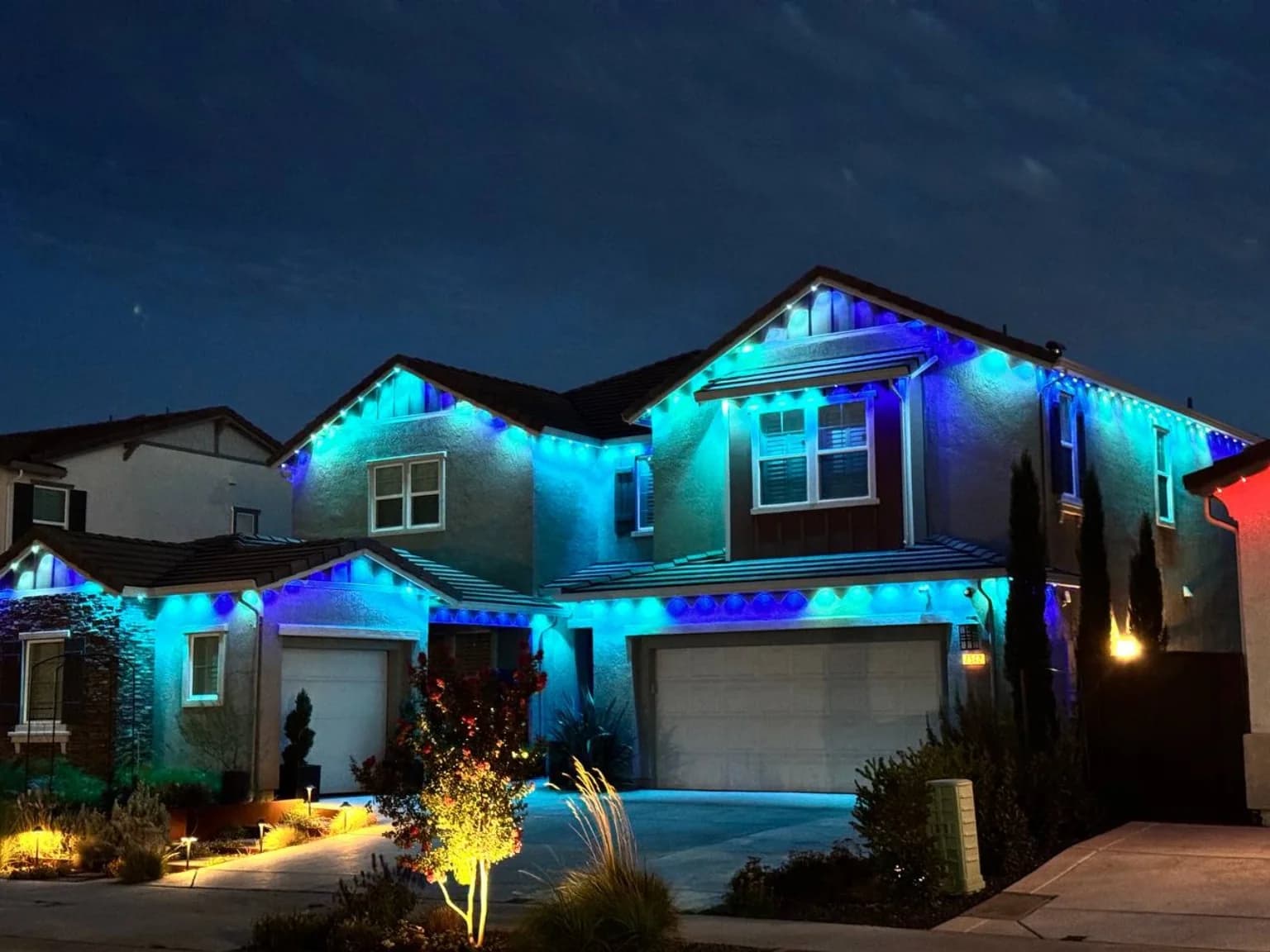 Blue permanent outdoor lighting